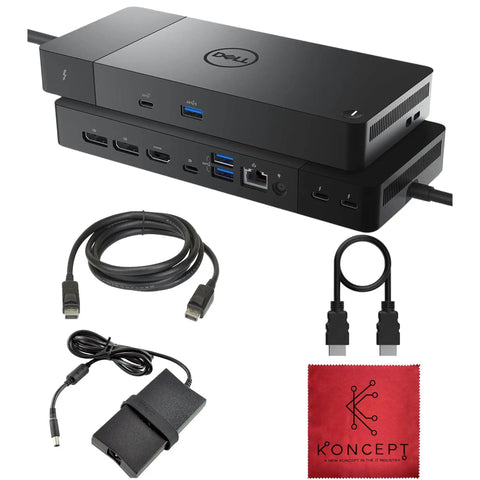 Thunderbolt 4 Dock Beast With 13 Ports 40Gbps USB C USB A Power Delivery Up To 180W Dual And Triple Monitor Setup Ready 4K Display Support HDMI 2 DisplayPort One Four USB C Fast Data Cleaning Cloth Included, shown with cables and cleaning cloth.