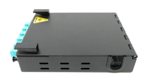 Side view of Wall Mount Fiber Enclosure With Spool And Loaded 6 Port LC UPC OM3 Multimode Duplex LGX Panel Black Pro Grade Build