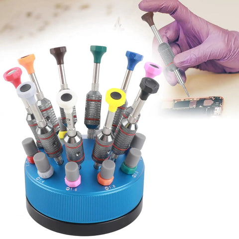 Pro Watch Repair Screwdriver Set 10 Pieces With Base Stand displayed, showing precision bits and magnetic tips, hand in use.