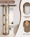 32 Inch Bifold Glass Barn Door Kit with hardware included, 3 panel solid wood and frosted glass installed, brown waterproof PVC surface
