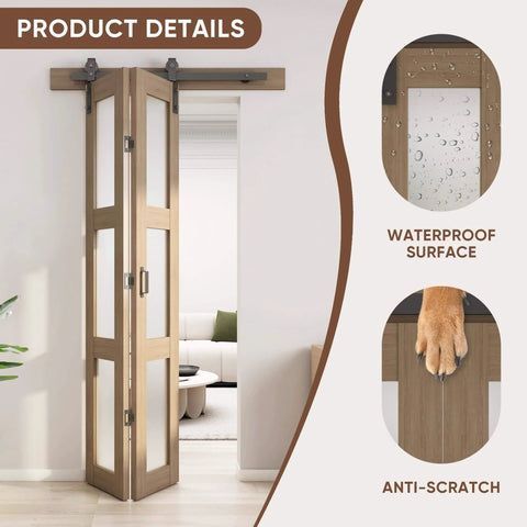 32 Inch Bifold Glass Barn Door Kit with hardware included, 3 panel solid wood and frosted glass installed, brown waterproof PVC surface