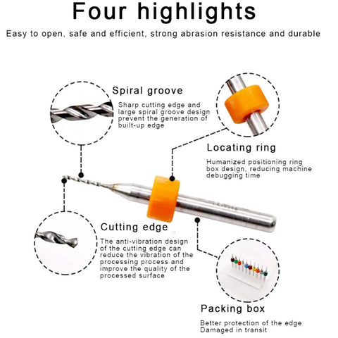 10Pcs PCB Drill Bits Set Spiral Flute Carbide 0.3mm To 1.2mm with spiral groove, locating ring, cutting edge, and packing box highlights