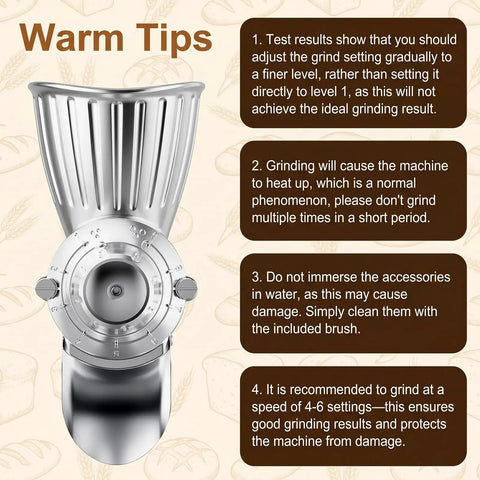 Grain Mill Attachment For KitchenAid Stand Mixer With Nine Grind Levels For Fresh Flour, displayed with usage tips