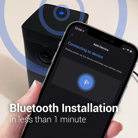 Indoor Home Security Camera With 360 Degree Pan, 1080P HDR, setup via Bluetooth on smartphone screen