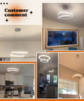 Customer images of Sleek Modern LED Pendant Ring Chandelier With Dimmable Cool White 6000K Light in various home settings.