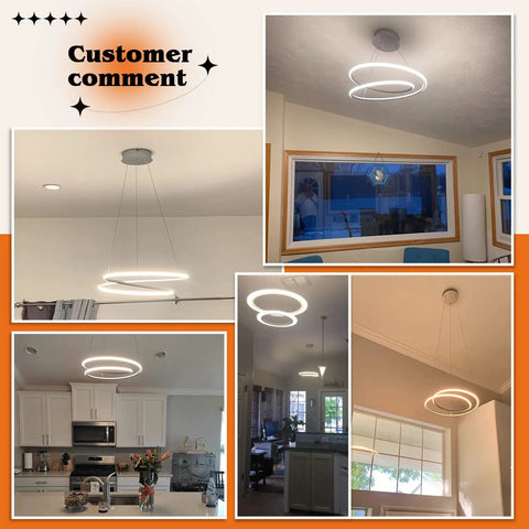 Customer images of Sleek Modern LED Pendant Ring Chandelier With Dimmable Cool White 6000K Light in various home settings.