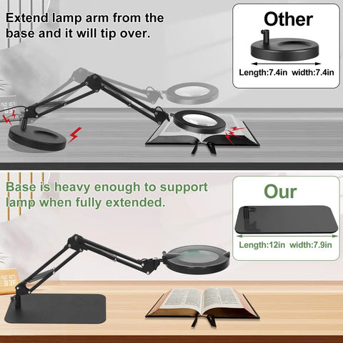 Comparison of lamp base stability for 3 In 1 Magnifying Desk Lamp With Light Heavy Duty Base And Clamp 5X LED Magnifier.