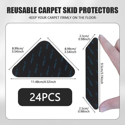 Stay Put Rug Grippers Set 24 Pieces Non Slip Rug Tape showing dimensions of triangular and trapezoidal shapes.