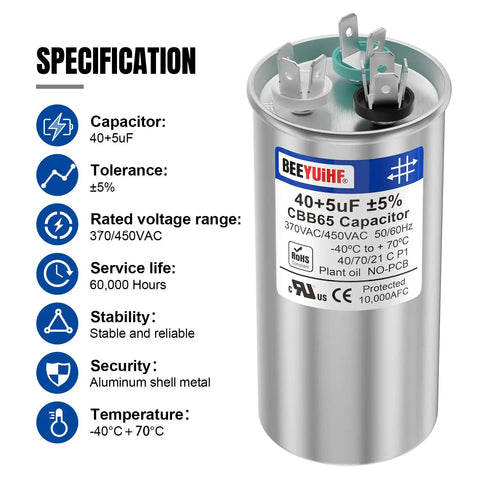 Beefed Up Heavy Duty Dual Run Capacitor 40 And 5 MFD CBB65 For AC Motors And Fans, 370 440 450V AC, 50 To 60 Hz, round capacitor