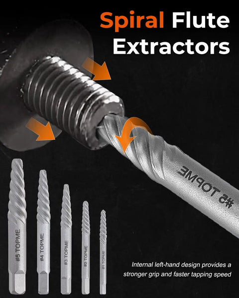 14 Piece Screw Extractor Set With Left Hand Drill Bits showing spiral flute extractors for removing damaged bolts