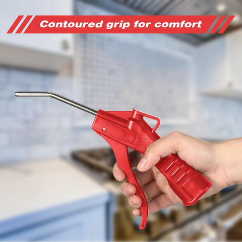 Air Nozzle Blower Gun With Pistol Grip 8 Pack Red held in hand in kitchen background, highlighting contoured grip feature for comfort