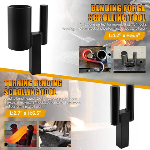 1 Inch Blacksmith Hardy Hole Tools Kit 5 Piece Set For Forge Metalworking And Knife Making Includes Hot Cut Creasing Stake Bottom Fuller Turning Bending Scrolling And Twisting Heavy Duty Steel shown with bending and scrolling tools
