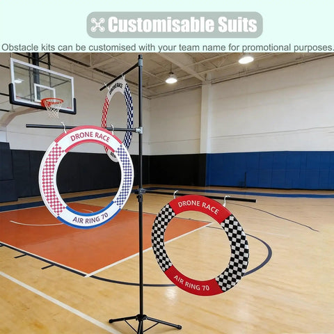 Outdoor Drone Obstacle Course Kit For FPV Racing Indoor Quadcopter Gates set up in a gym with customizable rings.