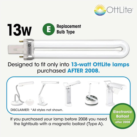13w replacement bulb for OttLite lamp, compatible with Folding Task Lamp With Multi Position Shade Portable Desk Light For Your Desk Setup Home Office Low Heat And Low Glare Fold Up Design With Handy Handle Fits Desks And Workstations White Finish.
