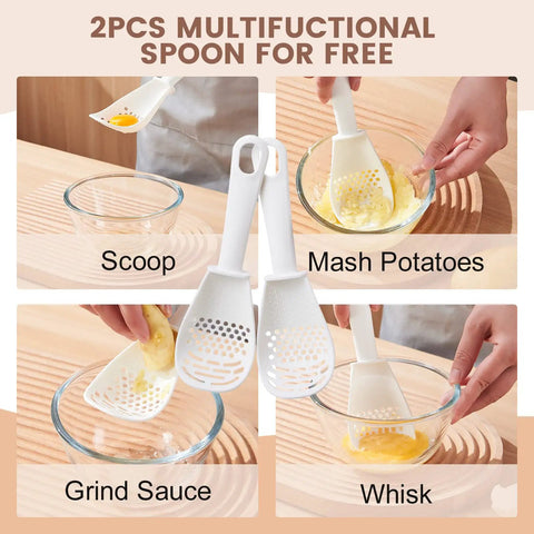 2pcs white plastic multifunctional spoons used for scooping, mashing, grinding, and whisking in glass bowls.