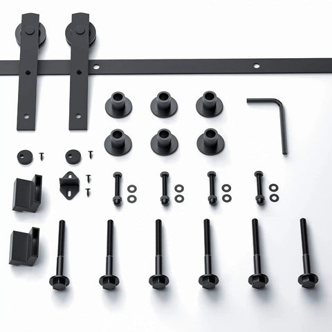 Heavy Duty 6.6ft Sliding Barn Door Hardware Kit Black For 1 3 8 Inch To 1 3 4 Inch Doors No Fuss Easy Install components layout