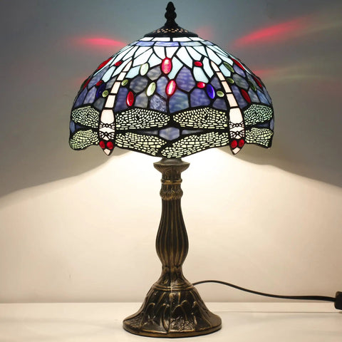 Blue Tiffany Style Dragonfly Stained Glass Table Lamp Dope Light For Bedroom Or Living Room 12 Inch Shade 18 Inch Tall With Antique Green Bronze Base UL Listed Bedside Desk Lamp S004 Series