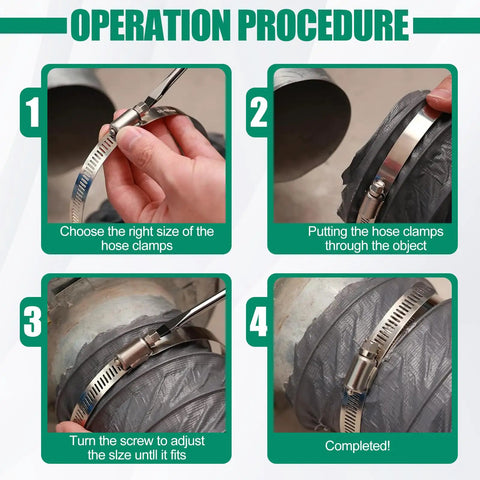 Installation steps for 30 Pack 4 Inch Stainless Steel Hose Clamps Beefy Heavy Duty Adjustable From 3-29/50 To 4-49/100 Inches 91-114 mm Worm Gear Clamps For Automotive Fuel Lines Air Ducts Dryer Vent Plumbing And Industrial Use.