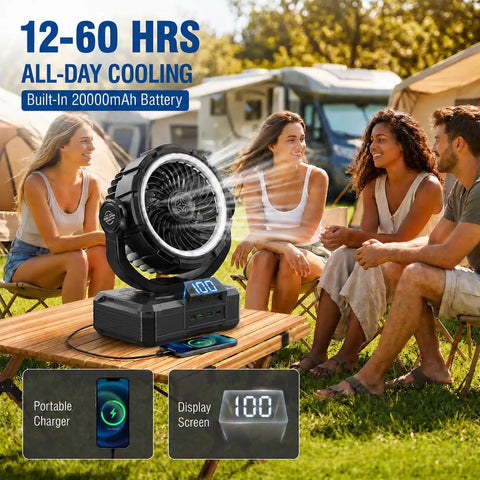 9 Inch Rechargeable Camping Fan Auto Oscillating With 20000mAh Battery on table with people outdoors