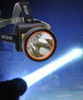 Rechargeable LED Headlamp with T6 Spotlight for Camping and Outdoor Adventures showing bright beam in night forest