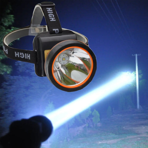 Rechargeable LED Headlamp with T6 Spotlight for Camping and Outdoor Adventures showing bright beam in night forest