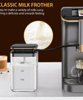 Pull The Perfect Shot With This Fully Automatic Espresso Machine Featuring Built In Grinder And Milk Frother Steam Wand For Smooth Daily Grinds And Top Shelf Sips Grey with classic milk frother in use.