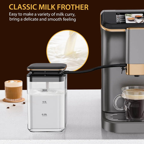 Pull The Perfect Shot With This Fully Automatic Espresso Machine Featuring Built In Grinder And Milk Frother Steam Wand For Smooth Daily Grinds And Top Shelf Sips Grey with classic milk frother in use.