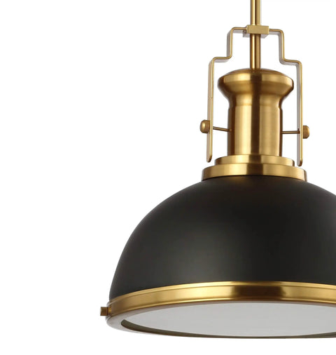 Close-up of Modern Industrial 13 Inch Black And Brass Gold LED Dome Pendant Light With Adjustable Hanging Fixture, black metal shade