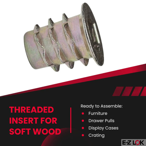 Soft Wood Threaded Inserts With Zinc Hex Flange, 1/4-20 Internal Threads, 13mm Length, Beefy Hex Drive, Heavy Duty Wood Fasteners