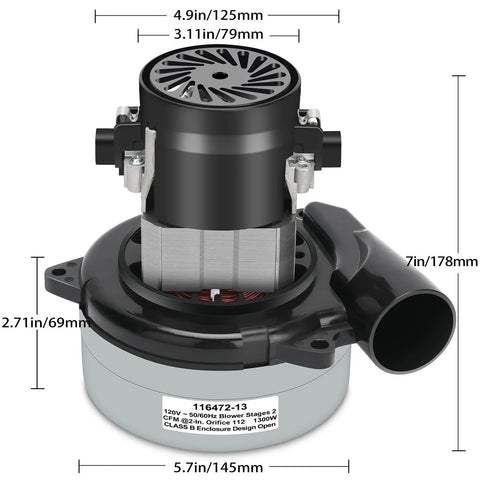 Vacuum motor replacement, 2-stage, 5.7-inch diameter, gray/black housing with side inlet for central vacuums