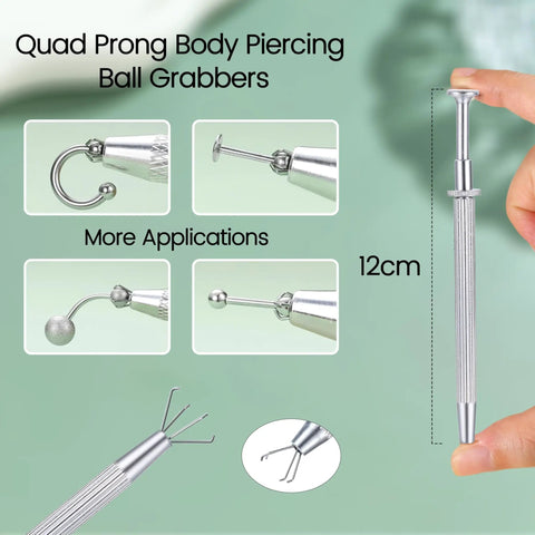 Quad prong body piercing ball grabbers showing varied applications and stainless steel tool in hand, 12cm length.