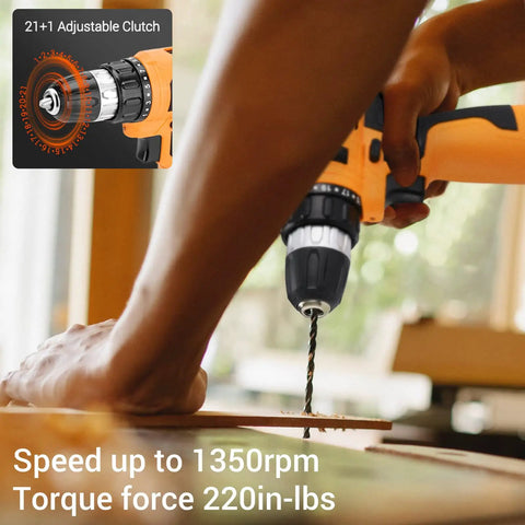 Cordless drill in use with 21+1 adjustable clutch, drilling wooden board, product details on image.
