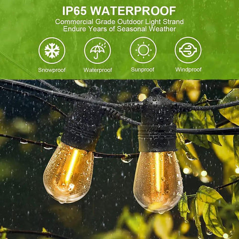27Ft Outdoor String Lights With 10 Dimmable Edison Vintage Bulbs Shatterproof And Weatherproof Heavy Duty Commercial Grade Cafe Patio Market Light For Backyards Decks Gardens And Outdoor Parties showcasing IP65 waterproof feature in rain