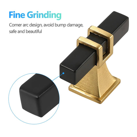 Close-up of Two Pack Square Black And Gold T Bar Cabinet Handles with fine grinding and corner arc design, 50.7mm length.