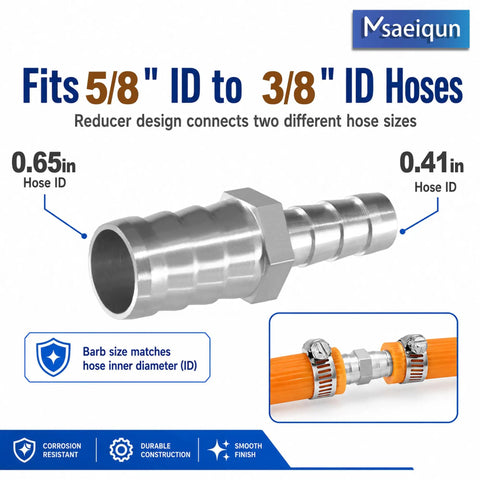 Premium Nickel Plated Brass Hose Barb Reducer Adapter 5/8 inch To 3/8 inch Air Tube Fitter With Heavy Duty Stainless Steel Clamps For Auto Fuel Line Repair Kit Quick And Easy Pipe Splicer Mender Upgrade, 5/8 to 3/8 hose fitting