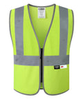 Top Shelf Kids Construction Vest Built Different For Street Ready Safety Featuring Heavy Duty 3M Reflective Strips Hitting Every Ansi Rule In Bold Yellow Polyester Keeps Your Little Crew Safe And Cool Daily. Front view highlighting zip fastener and reflective strips.