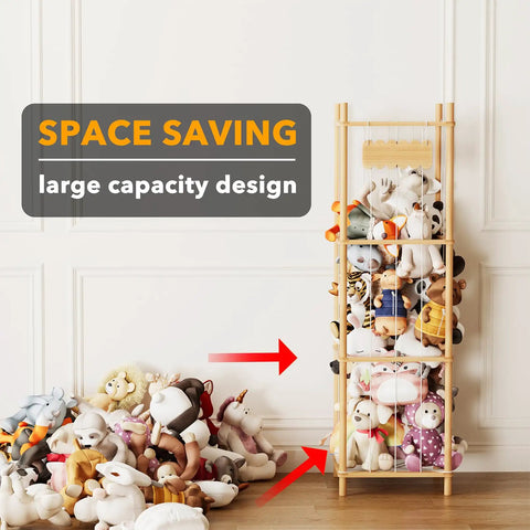 Large Capacity Stuffed Animal Storage Organizer For Playroom, Wood Zoo Toy Cage For Plush Toys, Vertical Open Design, Natural Finish