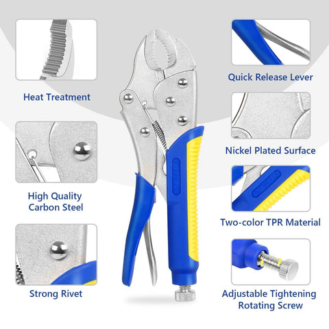 Heavy-Duty Locking Pliers Set With Curved Jaw Vise Grips And Needle Nose Pliers, features and materials highlighted