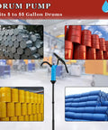 Built Tough 55 Gallon Drum Pump Lever Action For Chemicals And Oils High Strength Pp Abs Plastic on display with various drum colors.