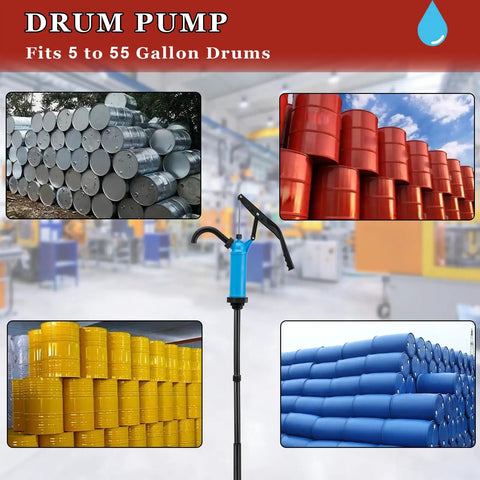 Built Tough 55 Gallon Drum Pump Lever Action For Chemicals And Oils High Strength Pp Abs Plastic on display with various drum colors.