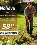 Man using Beefy Heavy Duty Garden Hoe With 58 Inch Fiberglass Handle on grass patch, promoting easy weeding.