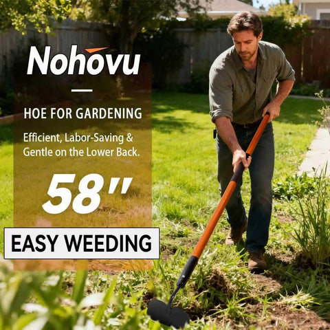 Man using Beefy Heavy Duty Garden Hoe With 58 Inch Fiberglass Handle on grass patch, promoting easy weeding.