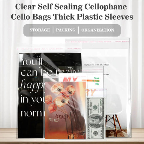 Clear Self Sealing Cellophane Money Bags Pack Of 100 For Currency Cash, Gift Wrap, And Cake Money Box Use displayed with items.