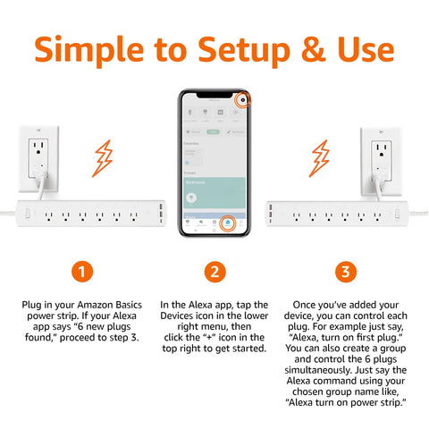 Simple setup guide for Six Outlet Smart Power Strip With Usb C Charging, Alexa Enabled Wifi Extension Cord with smartphone.
