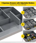 Gray Metal Tool Storage Cabinet With 9 Drawers With Dividers showing adjustable compartments for tools and hardware