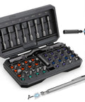Magnetic 42 In 1 T Handle Ratchet Screwdriver Set With S2 Steel Bits features an open case displaying various colored bits and tools.