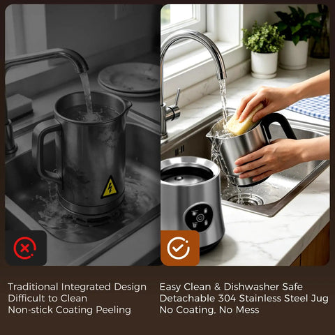 Electric Milk Frother And Steamer With Detachable Stainless Steel Jug being cleaned in a kitchen sink, highlighting easy cleaning.