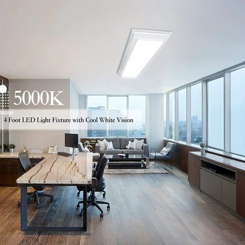 Interior with 4 Foot LED Light Fixture, cool white 5000K, illuminating a modern office with large windows and wooden flooring.