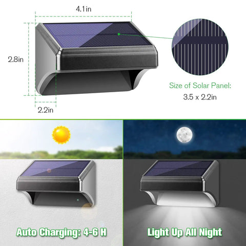 Solar Fence Lights 8 Pack Outdoor Waterproof Wall Lights With Two Color Modes 3000K Warm White And 6500K Daylight White dimensions.