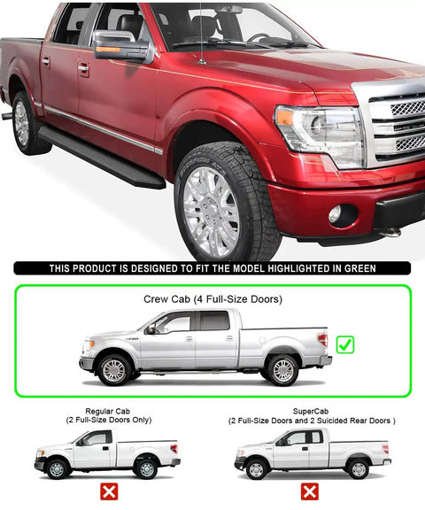 Ford F150 with 6 Inch Flat Style Black Running Boards 2009 To 2014 SuperCrew Cab Nerf Bar Side Steps Stainless Steel